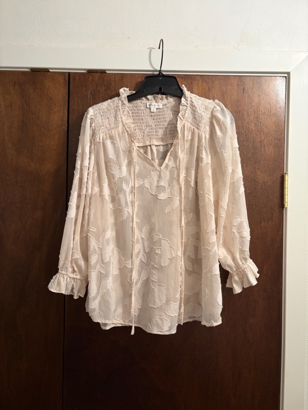 By the river Women’s Cream Floral Textured Peasant Blouse with Smocked Yoke